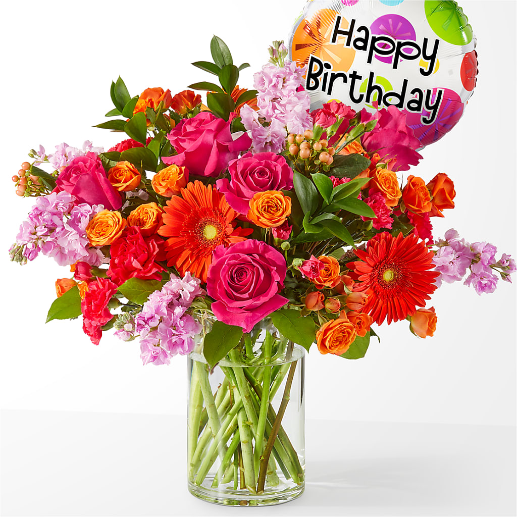 Fiesta Bouquet with Birthday Balloon – Great Bend Floral, Great Bend KS